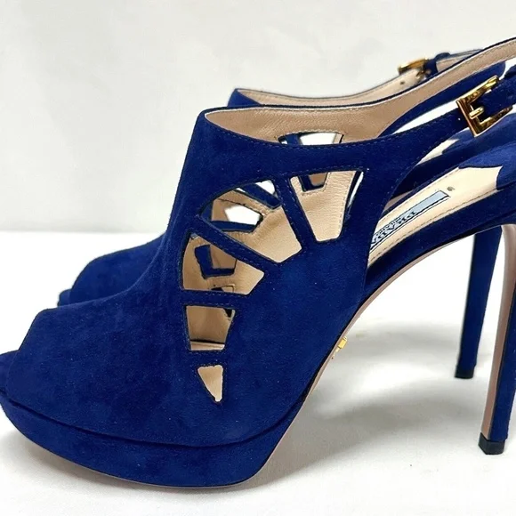 PRADA Camoscio Blue Suede Cutout Slingback Heels Shoes NEW 39